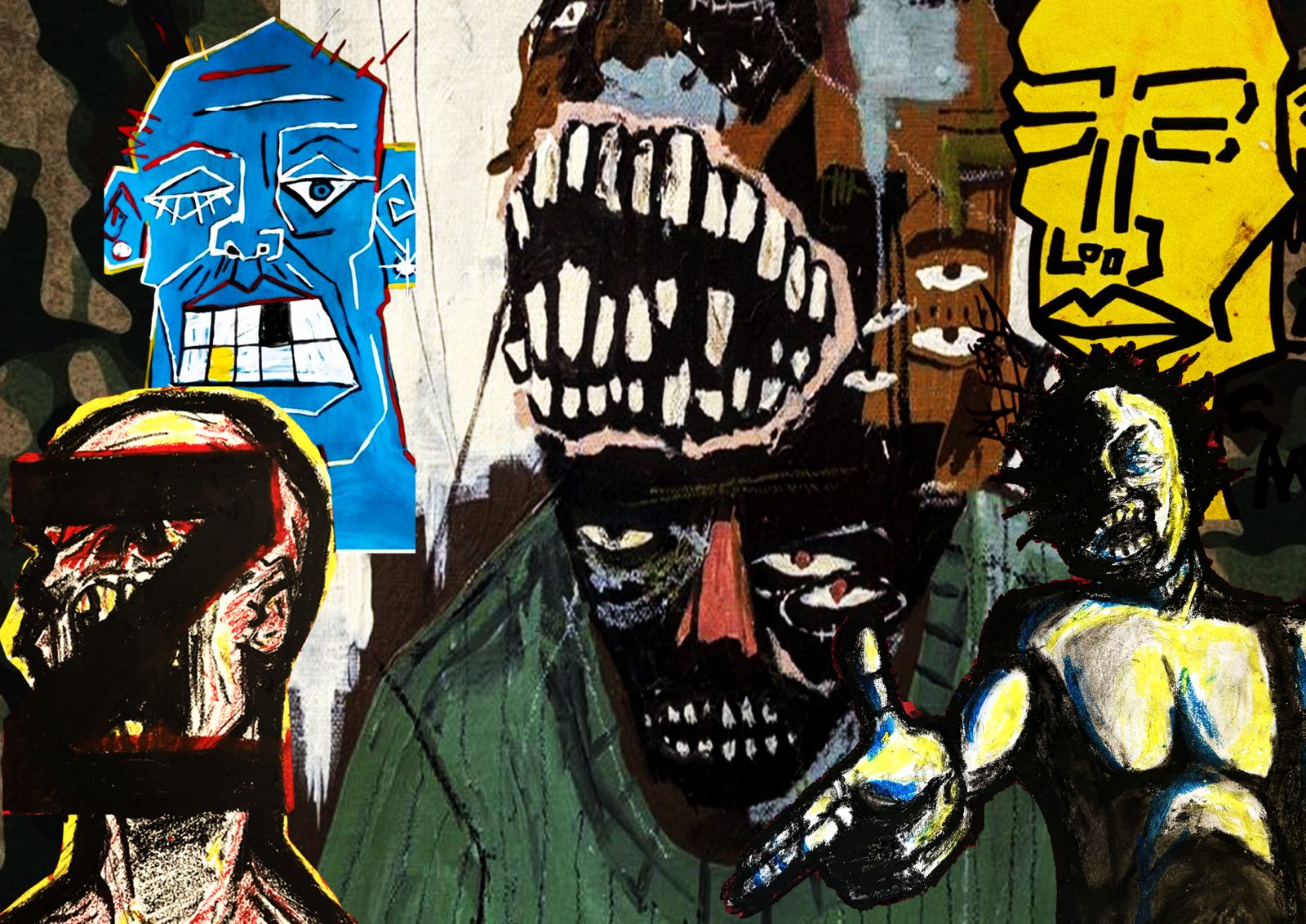 Moodboard KURTZ: collage di volti dipinti, segni neri, giallo, blu e camouflage
